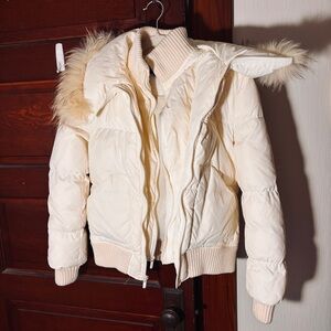 vintage 2000s BCBGMaxAzria cream Puffer Jacket with real Fur trim